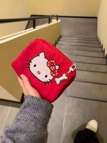 SANRIO 1 Piece Red Embroidered Hello Kitty Polka Dot Bow Decor Waterproof Nylon Large Capacity Zipper Closure Cute Cartoon Girl Style Cosmetic Bag, - Multicolor - View 5