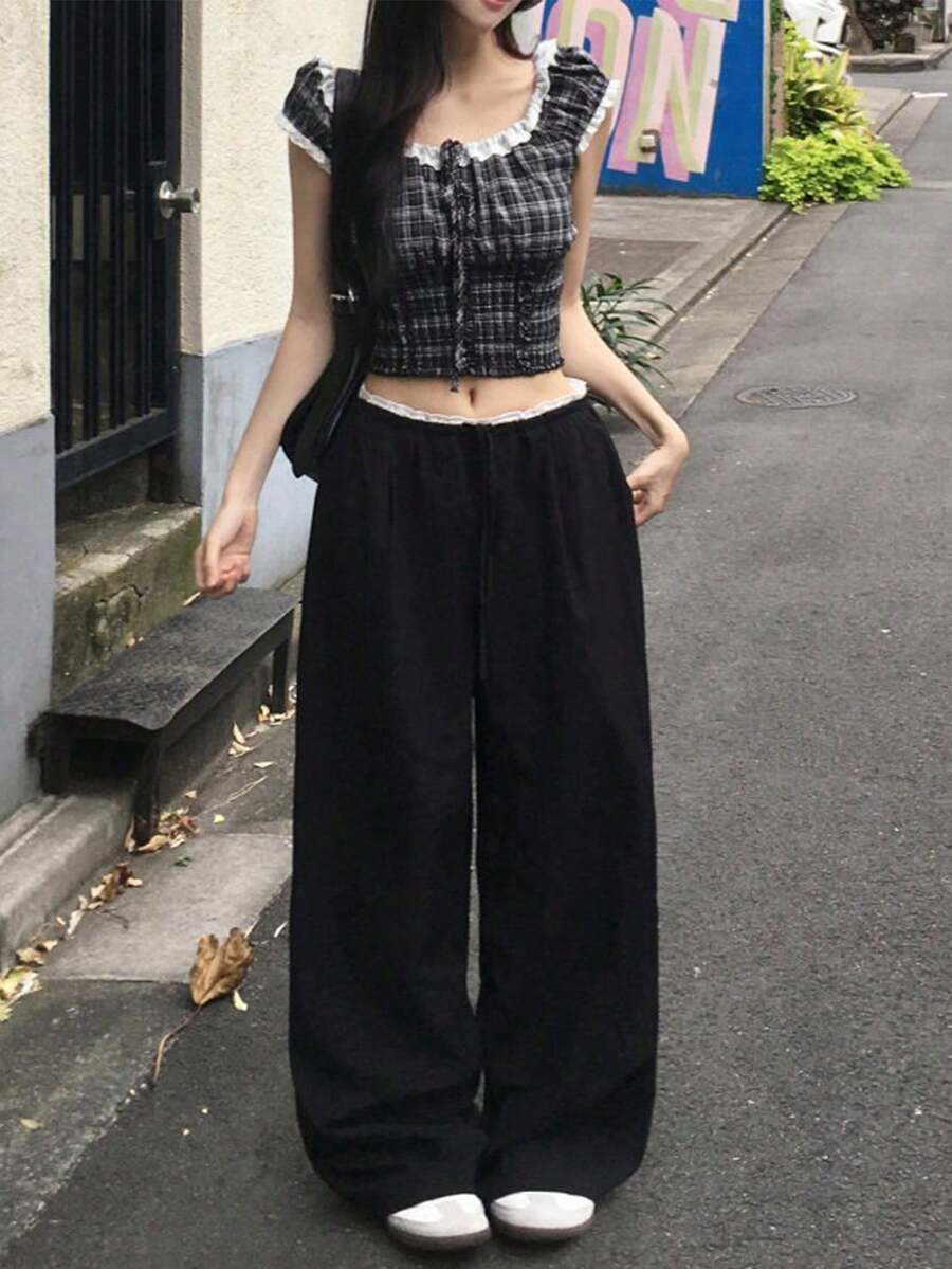 Solid Color Fishbone Pressed Line Vacation Design Waistband Lightweight Loose Straight Leg Long Pants Casual Sports Pants Black - Black - View 1