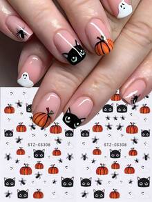 2pcs Cute Halloween Nail Art Stickers, Cartoon Black Cat Pumpkin Ghost Spider Gothic Style Nail Decals, Autumn Nail Decoration DIY Halloween Party Nail Supplies - Multicolor - View 2