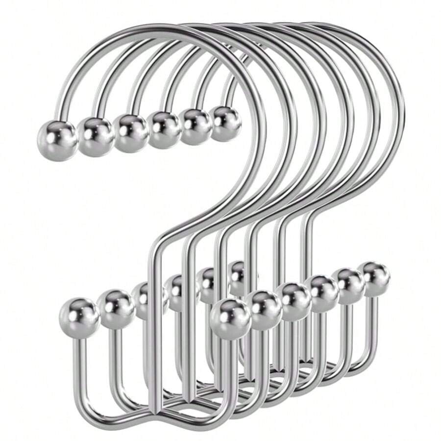 12pcs Double Hook Shower Curtain Rings, Mountain-Shaped Design, Multi-Functional Metal Hooks For Home Use - Silver - View 1