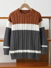 1pc Boys/Teenagers Back To School Season Simple Versatile Autumn/Winter New College Style Color Block Sweater - Brown - View 3