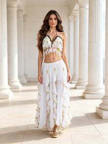 Professional Belly Dance Sequin Coin Fringe Halter Crop Top, Elastic Waist Side Slit Layered Chiffon Skirt For Dance Training, Stage Shows And Competitions - Multicolor - View 13