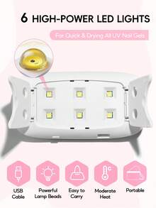便携式粉色UV/LED美甲灯，USB美甲光疗机，美甲工具及设备，适合女性作为礼物，家用及美甲沙龙均可使用 - 粉色 - 查看 6