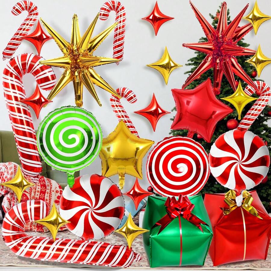 46pcs Christmas Decoration Balloon Set Red Green Gift Box Balloons Candy Cane Balloons Star Balloons Christmas Party Decor - Multicolor - View 1