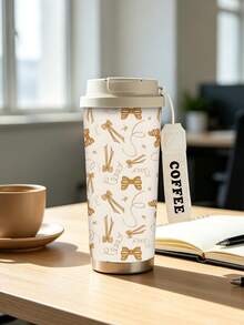 1pc/5pcs 500ml Elegant Gold Bow Water Cup, Double-Wall Stainless Steel Insulated Tumbler For All Seasons Outdoor Travel, Cream White Base With Vintage Gold Ribbon Bow Print Design, Portable Coffee Cup With Lanyard, Gift For Girlfriend, Couple Cup, Suitable For Daily Commute And Best Friends - Apricot-brown Bow - View 8