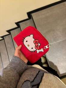 SANRIO 1 Piece Red Embroidered Hello Kitty Polka Dot Bow Decor Waterproof Nylon Large Capacity Zipper Closure Cute Cartoon Girl Style Cosmetic Bag, - Multicolor - View 2