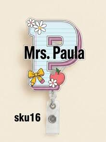 Custom Letter Floral Teacher Badge Reel, Personalized Name Text Acrylic ID Clip, Cute Notebook Apple Retractable Name Tag For School Office - Multicolor - View 8