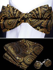 Jacqaurd Paisley Pattern Gold Bow Tie Hanky Cufflinks Complete Evening Party Accessory Kit - Gold - View 5