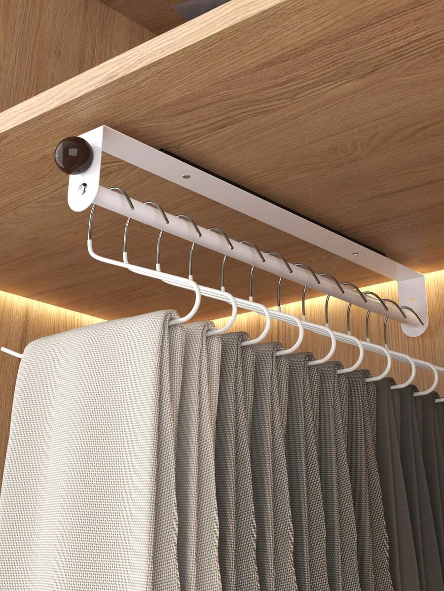 1pc Pull-Out Sliding Clothes Rack, Convenient And Fast, Multi-Functional Wardrobe Storage, Metal Clothes Rack, Heavy Duty Adjustable Clothes Rack, Space-Saving Clothes Rack Rod, Suitable For Bedroom Wardrobe, Apartment, Dormitory - White - View 1