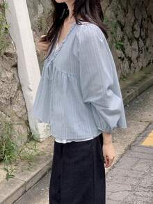 Korean Style Sweet Youthful Ruffle Petal Sleeve 2 In 1 Striped Loose Long Sleeve Blouse Top - Blue - View 5