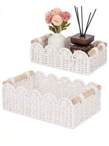 1pc Wicker Basket With Wooden Handle & Paper Rope, Multi-Use Storage Bin For Daily Home Organization. Suitable For Kitchen, Bathroom, Bedroom, Living Room, Dorm & Office. Perfect For Countertop, Shelf, Dressing Table, Stylish Home & Farmhouse Decor - White - View 4