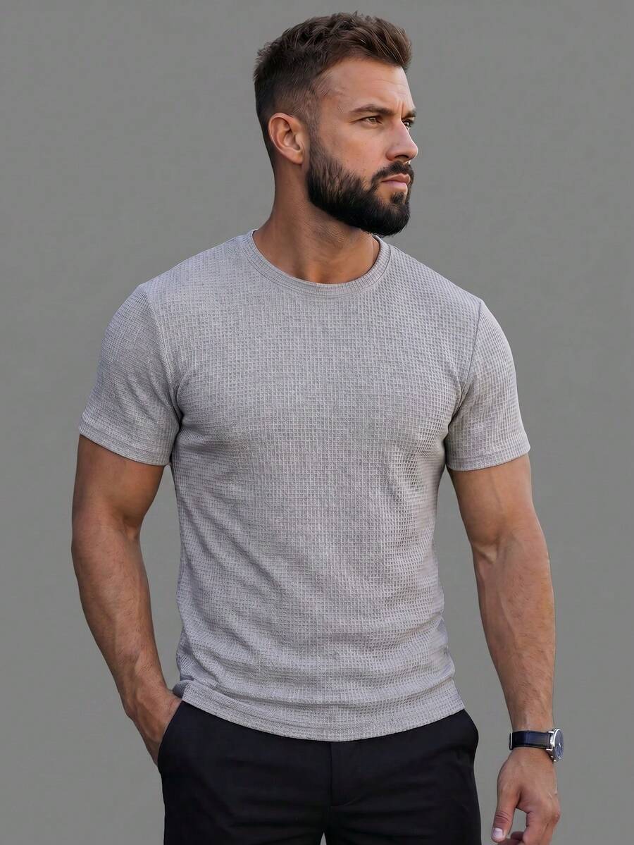 Men's Retro Waffle Texture Slim Fit Short Sleeve T-Shirt, Summer Thin Solid Color Crew Neck Casual Elastic Textured Design Base Layer Top