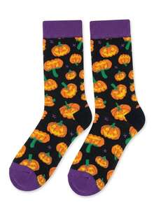 1 Pair Of Men Crew Sock, Halloween Pumpkin Jack‑O‑Lantern Pattern Socks, Soft Warm, Fall Winter,Halloween Christmas Gift For Men For Women - Multicolor - View 3