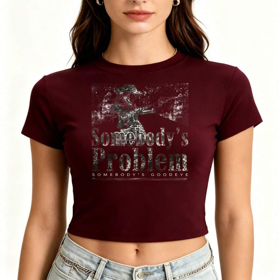 "Someone's Problem"Rodeo T Shirt - Y2K T Shirt |   Slim-Fit Women's Round-Neck Short-Sleeve Top |   Essentials For Women Cowboy And Rodeo Enthusiasts. - 酒紅色 - 查看 1