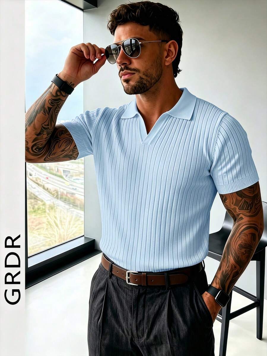 GRDR 男士夏季纯色 Polo 领短袖针织衫，适合夏季外出穿着，时尚造型必备单品