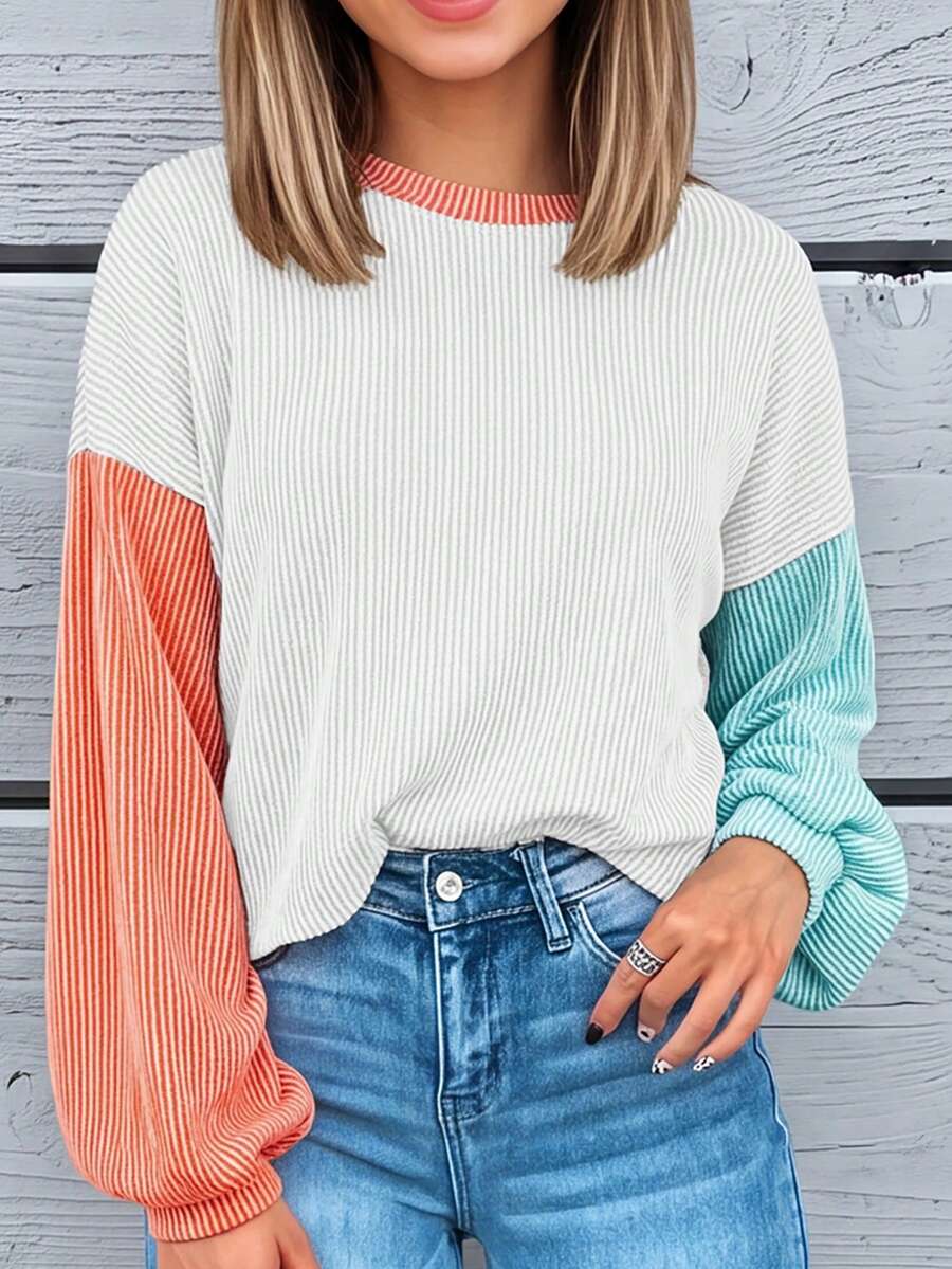 CILKOO Top corto casual de manga larga con cuello redondo acanalado y bloques de color blanco, naranja y turquesa para mujer, adecuado para uso diario en primavera y otoño - Blanco - Ver 1