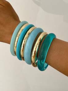 7pcs/4pcs/3pcs Vintage Elegant Bohemian Casual Style Women's Blue Acrylic Bracelets And Metal Plain Bangles, Suitable For Women's Daily Wear, Gatherings, Parties, Summer Vacation, Beach Holiday, Travel, Layering And Gifting - Multicolor - View 3