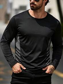 American Sports Style Men's Long Sleeve T-Shirt, Versatile Crew Neck Fitness Top For Casual Wear - Black - View 1