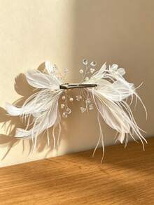 1pc Ethereal White Faux Feather Pearl Crystal Hair Clip, Bridal Wedding Dress Side Clip, Luxury Wedding Banquet Headpiece - Multicolor - View 5
