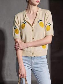 女款圓領檸檬刺繡單鈕扣短袖夏季寬鬆休閒時尚百搭針織開襟衫－日常度假旅行穿搭 - 杏色 - 查看 4