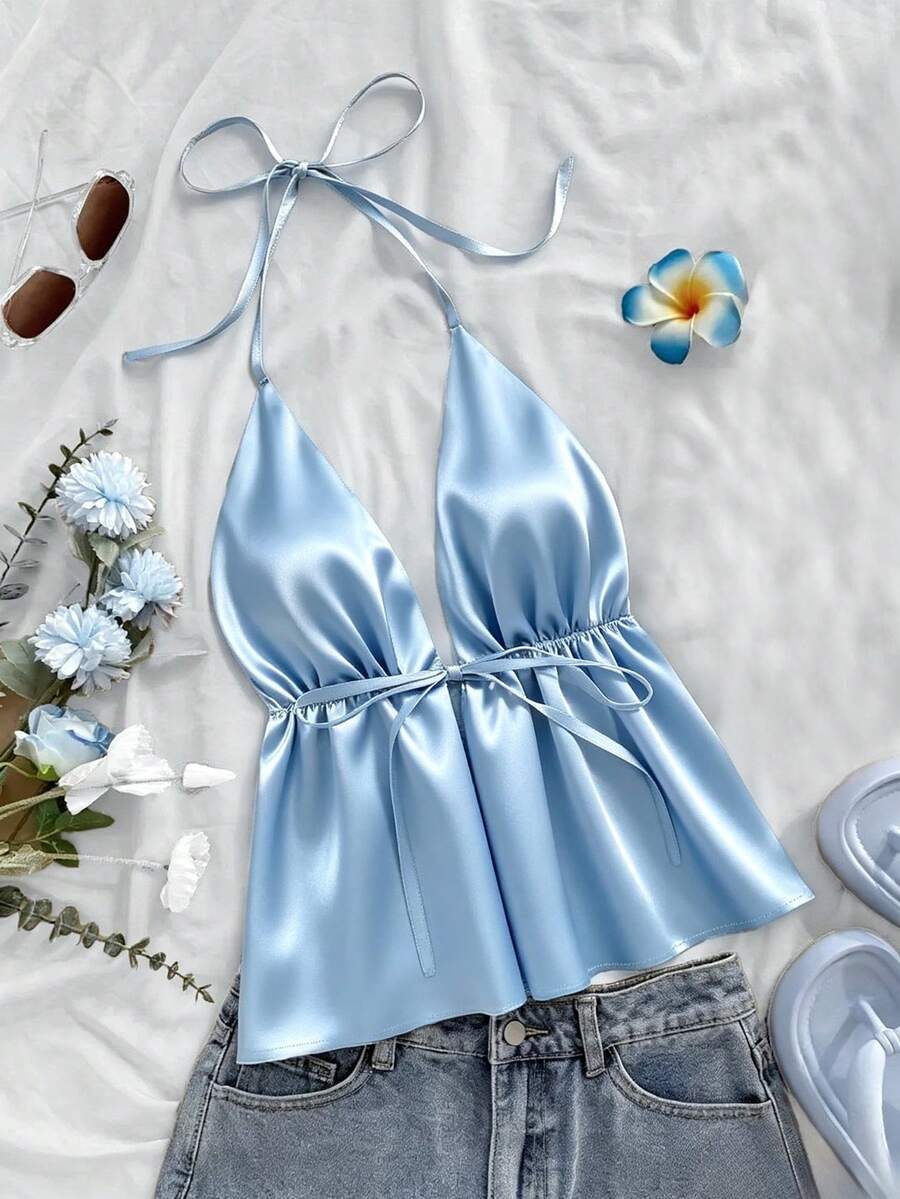 1pc Spring/Summer New Daily Party Vacation All-Season Solid Color Sleeveless Spaghetti Strap Strap Tank Top - Baby Blue - View 1