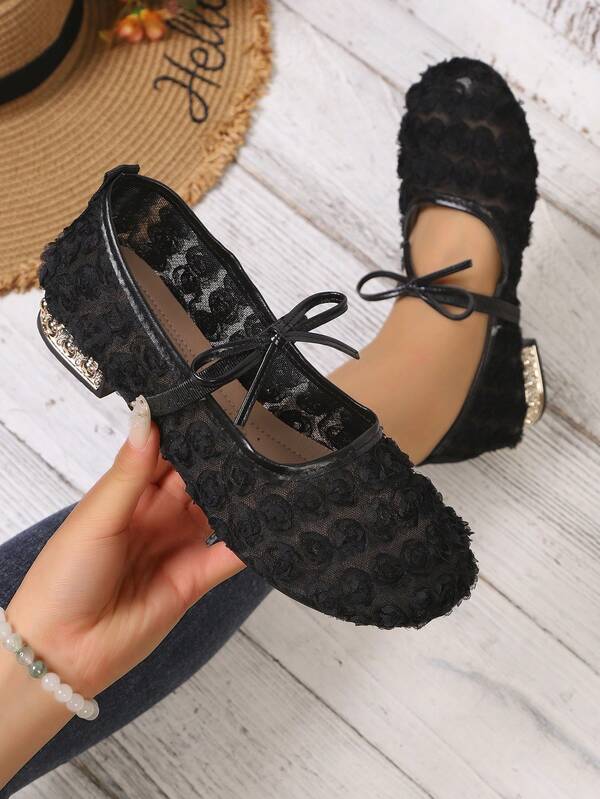 White Lace Mary Jane Shoes, Shallow Square Toe Low Heel Pumps, Bow Pearl Chunky Heel Breathable Mesh Women's Shoes, Daily Commute Dating Shoes