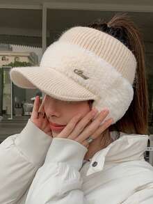 1 pieza Gorro de invierno con orejeras de peluche con letras para mujer - Gorro de peluche 3 en 1, diseño simple y cálido, adecuado para compras diarias, viajes de vacaciones, regalo perfecto - Protector de oídos - Ver 5