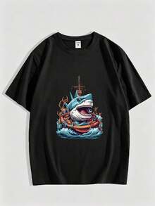 Camiseta Vintage con Gráfico de Tiburón, Barco Pirata y Olas, Estilo Náutico Retro, para Hombre, Cuello Redondo, Manga Corta - Negro - Ver 1