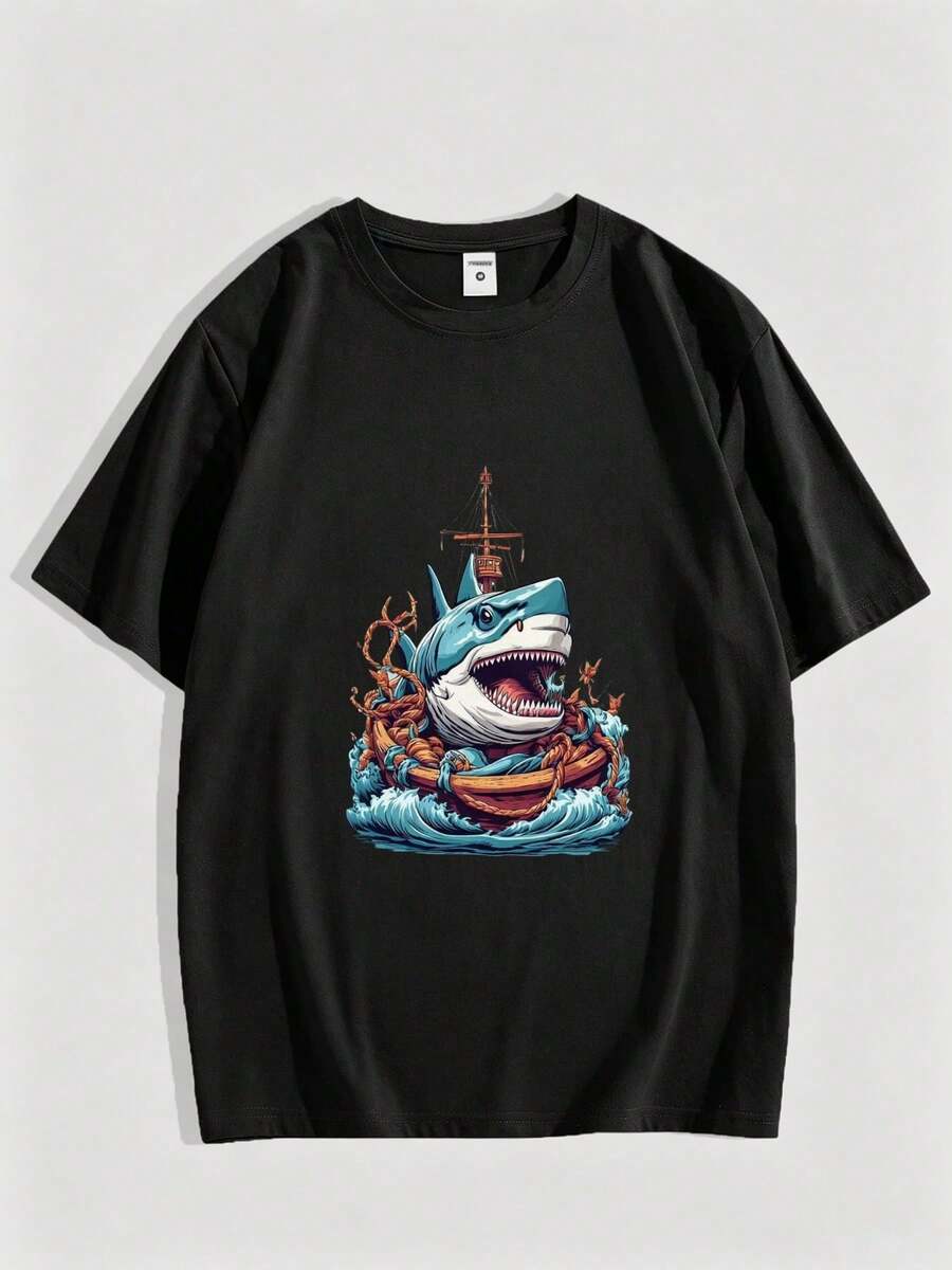 Camiseta Vintage con Gráfico de Tiburón, Barco Pirata y Olas, Estilo Náutico Retro, para Hombre, Cuello Redondo, Manga Corta - Negro - Ver 1