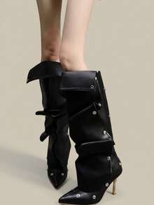 2026 Pointed Toe High Heel Stiletto Western Cowboy Tall Boots With Button Patchwork, 2-In-1 Wearable Slouchy Fashion Boots For Women - Black - View 1
