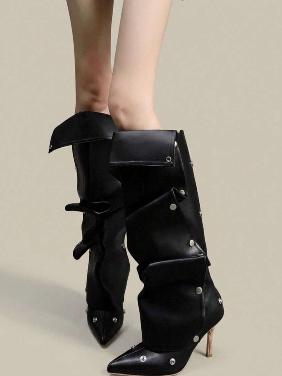 2026 Pointed Toe High Heel Stiletto Western Cowboy Tall Boots With Button Patchwork, 2-In-1 Wearable Slouchy Fashion Boots For Women - Black - View 1
