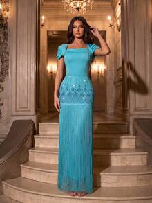 Modphy European & American New Heavy-Duty Gold Foil Rhinestone Decorated High-End Tassel Spliced Bodycon Dress, Elegant Women's Birthday Party Wedding Fall - Blue - View 1