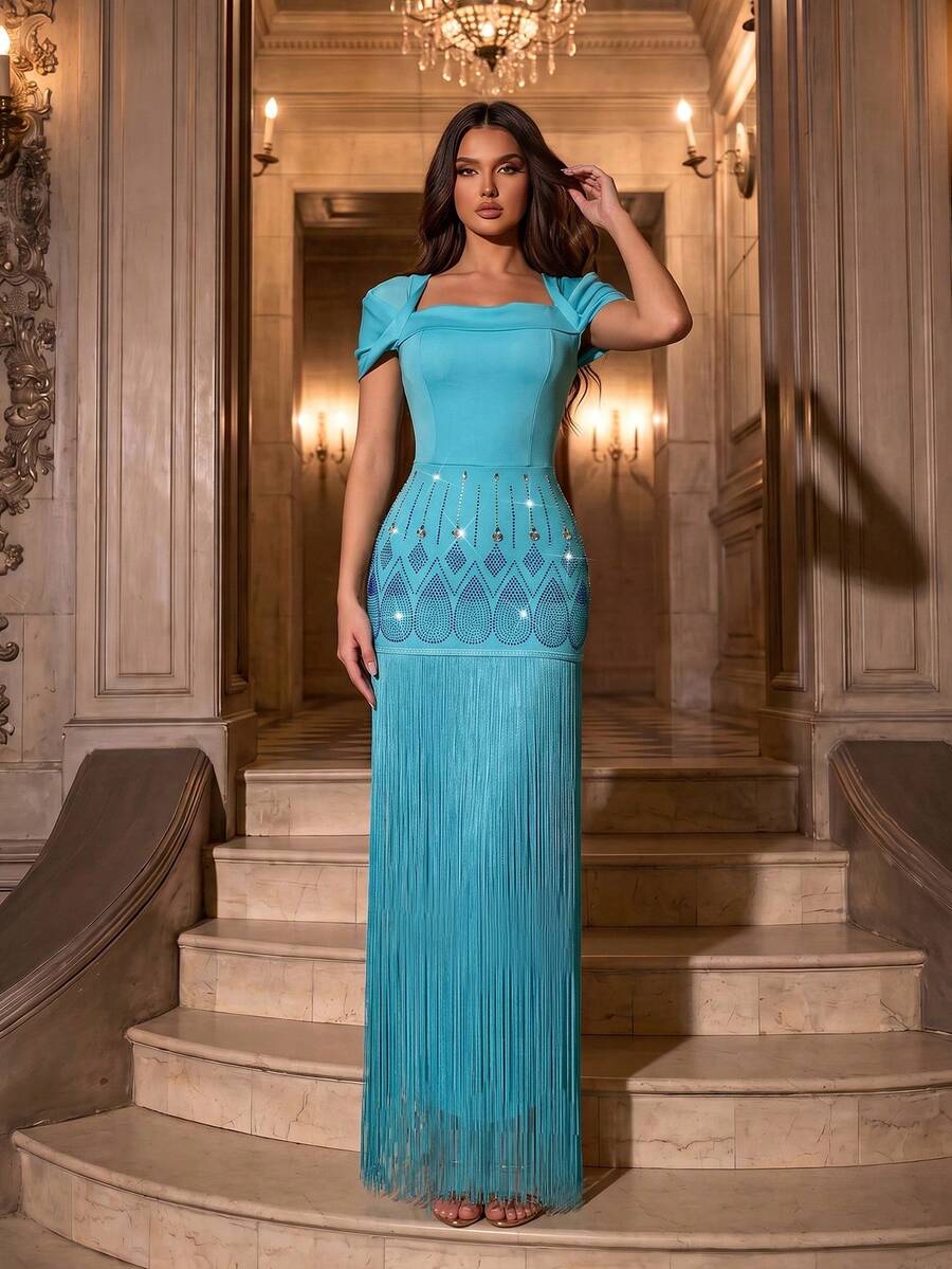 Modphy European & American New Heavy-Duty Gold Foil Rhinestone Decorated High-End Tassel Spliced Bodycon Dress, Elegant Women's Birthday Party Wedding Fall - Blue - View 1