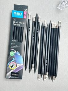 12支日常實用黑色2B鉛筆，附橡皮擦與1個鉛筆削筆器，不易折斷，書寫順暢，握感舒適，適合學生學習與考試專用，學生文具鉛筆套組，開學文具用品 - 彩色 - 查看 2