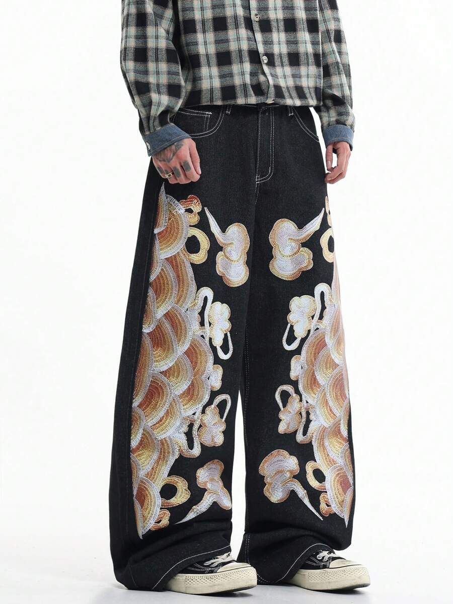 Justice Brother 1pc Hong Kong Style Graphic Print Men's Loose Wide Leg Denim Jeans, All Season Versatile Long Pants (Belt/Accessories Not Included) - Black - View 1