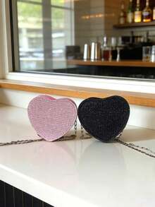 1pc Girls Mini Heart-Shaped Shoulder Bag With Zipper Closure, Shiny Fabric Crossbody Bag, Lipstick Small Backpack, Suitable For Shopping And Daily Use - A - View 1