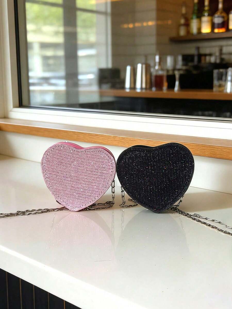 1pc Girls Mini Heart-Shaped Shoulder Bag With Zipper Closure, Shiny Fabric Crossbody Bag, Lipstick Small Backpack, Suitable For Shopping And Daily Use - A - View 1
