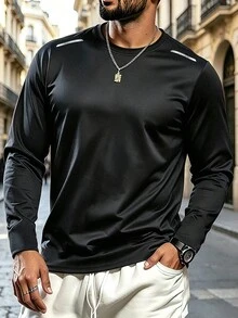 Men's European & American Street Style Long Sleeve Sports T-Shirt, Casual Wear Or Workout Top - Black - View 2