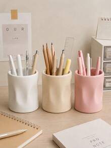 1pc Desktop Stationery Storage Box, Minimalist Modern Style, Cylindrical Asymmetrical Wavy Design, Suitable For Study Room, Office And Student Dorm, Perfect For Back To School Or Holiday Gift, 5 Colors Available - Multicolor - View 2