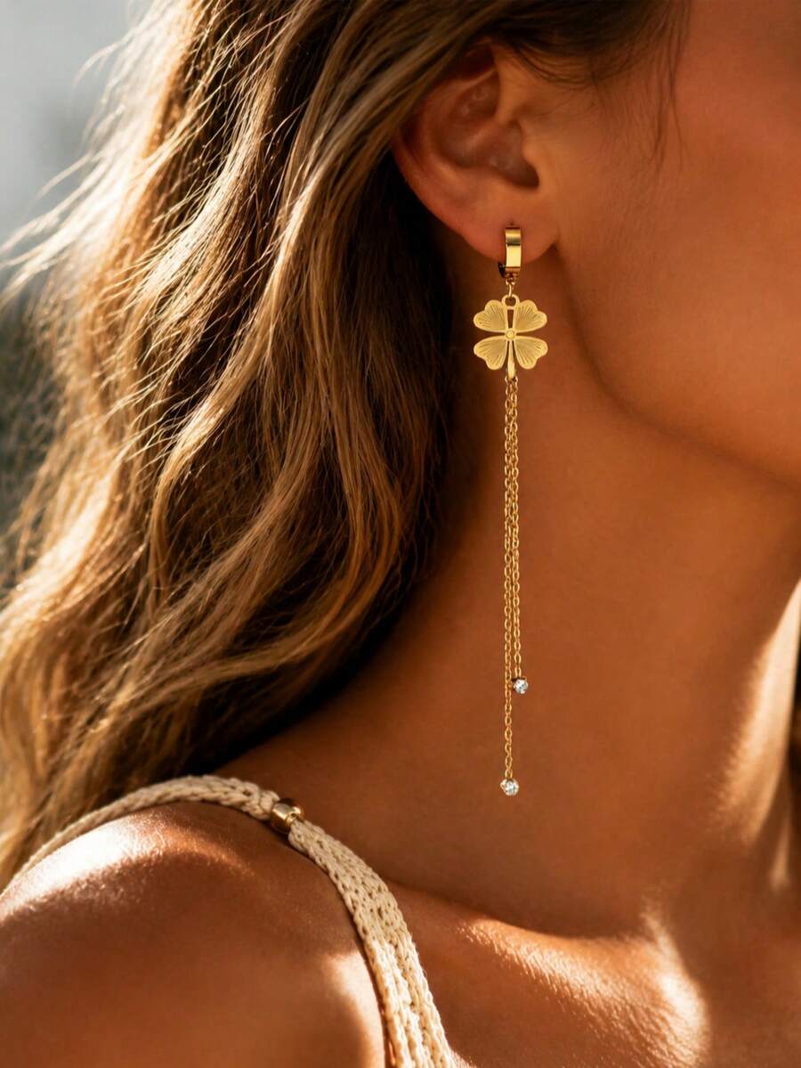 VceTd 1 Pair Elegant Style Stainless Steel Clover Tassel Earrings With Glass Decor, Suitable For Women To Wear At Banquets - Yellow Gold - View 1