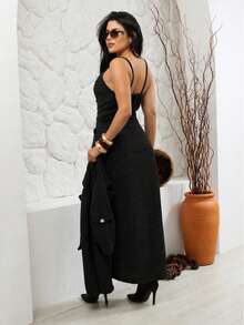Autumn Chic Set: Long Dress With Slit + Elegant Jacket – Sophistication That Warms With Style ✨ Elegant Casual Knit Fabric Daily Formal And Evening Autumn - 黑色 - 查看 4