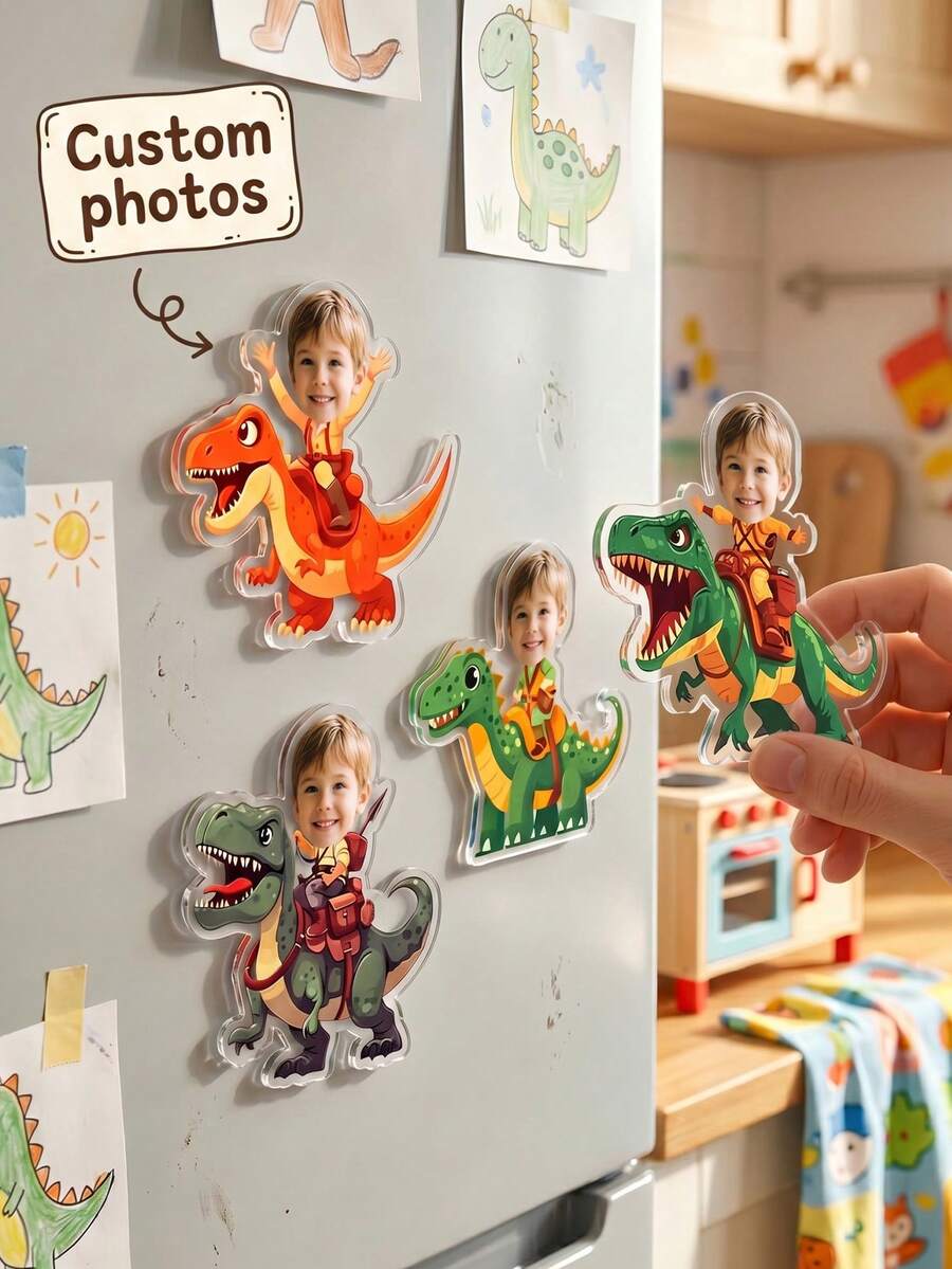 1 buah Magnet Kulkas Akrilik Foto Anak-Anak Kustom Bergambar Penunggang Dinosaurus, Hadiah Magnet Foto Lucu Kustom untuk Dekorasi Rumah Dapur, Kenang-kenangan Ulang Tahun - MultiWarna - View 1
