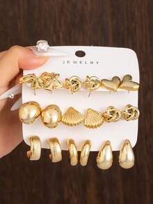 6-18PCS Gold Pearl Heart Earrings Set, Gentle Style Versatile Combination Earrings - Gold - View 6