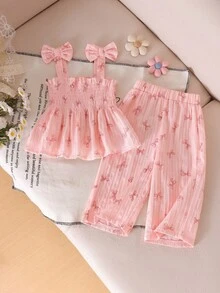 Conjunto de 2 piezas de top sin mangas y pantalones largos lindos y frescos para niña bebé, primavera/verano - Rosado Sandía - Ver 1