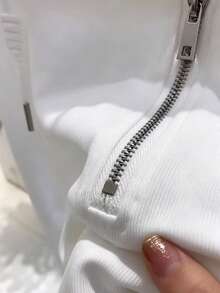 Modern Women's White Long Sleeve T-Shirt, Featuring Front Zipper, Hood Design, Polyester Fabric, Asymmetrical Hem Casual - White - View 9