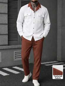 Men's Spring/Autumn Lightweight Polyester 2-Piece Set, Contrast Trim Single-Breasted Shirt With Collar, Dual Pockets, Long Sleeve And Drawstring Solid Color Pants, Casual Regular Suit - Multicolor - View 4