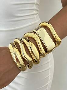6pcs/3pcs/1pc Vintage Elegant Bohemian Style Women's CCB Gold Open Geometric Bracelet, Asymmetrical Geometric Striped Wave Wide Cuff Water Drop Bracelet, Suitable For Women's Daily Wear, Gatherings, Parties, Summer Beach Vacation, Travel, Gift Giving - Gold - View 10