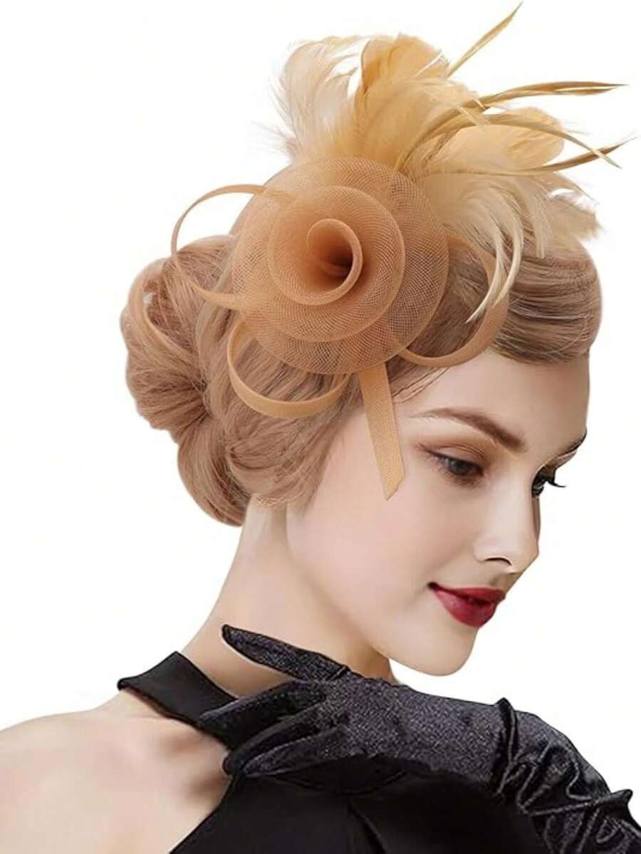 1件裝女款裝飾帽 藥盒帽 20年代 30年代 50年代復古頭飾 圓頂帽 花朵面紗 婚禮下午茶派對帽 - 卡其色 - 查看 1