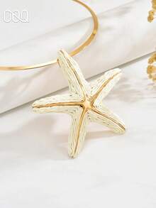 OOQ 1pc Exaggerated Handwoven Starfish Pendant Necklace, Gold Metal Women's Fashion Necklace, Suitable For Beach, Party, Daily Wear (Handmade Raffia Weaving, Random Shape) - White - View 5