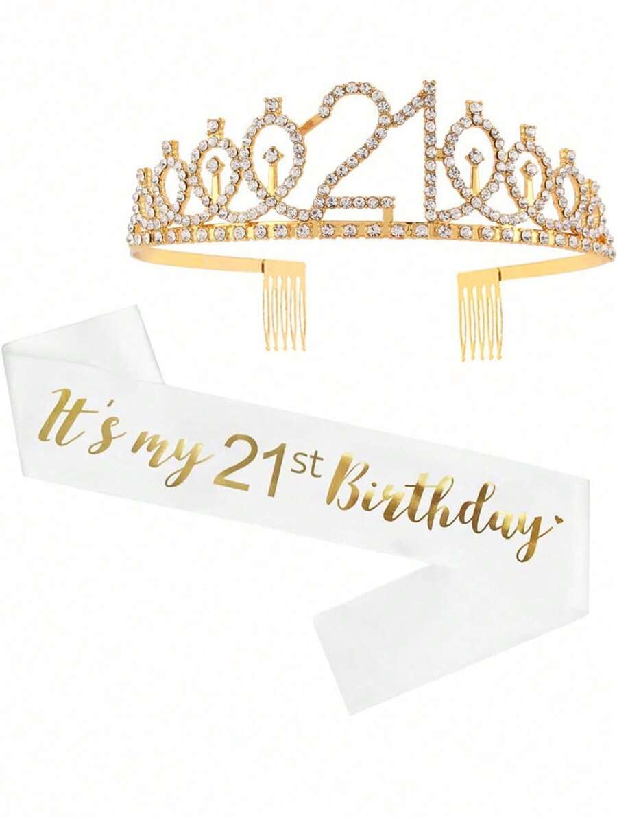 Écharpe "Mon 21e Anniversaire" et Couronne de Strass - Écharpe d'Anniversaire 21e, Écharpe de Fille d'Anniversaire, Cadeaux, Fournitures et Décorations pour Fête d'Anniversaire - Multicolore - Voir 1